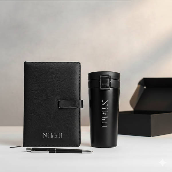 Personalized Sleek Black Diary & Bottle Gift Set