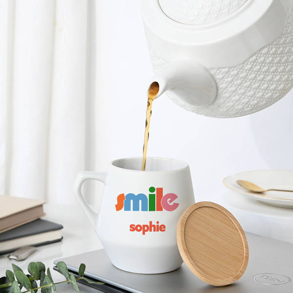 Personalized Smile Ceramic Mug With Bamboo Lid