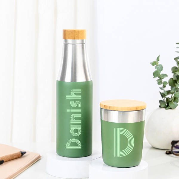 Personalized Sustainable Water Bottle And Mug Combo - Green