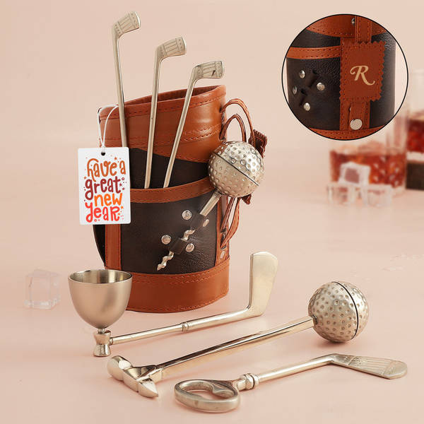 Personalized Swinging New Year Golf Set Wine Tools
