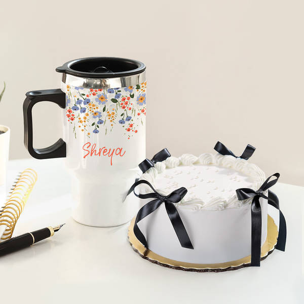Personalized Travel Mug And Pearl Ribbon Cake Gift Combo
