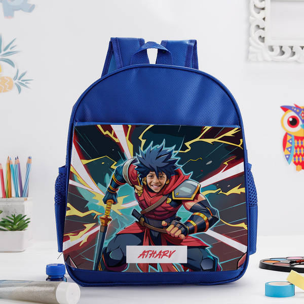 Personalized Warrior Caricature School Bag - Blue