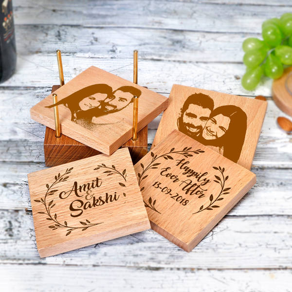 Personalized Wooden Coasters with Coaster Holder for Couples - Set of 4