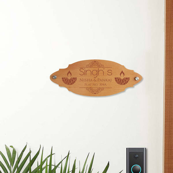 Personalized Wooden Name Plate with Diya Design