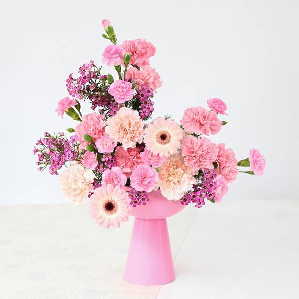 Pink Blossom Arrangement In Lilac Coupe Vase