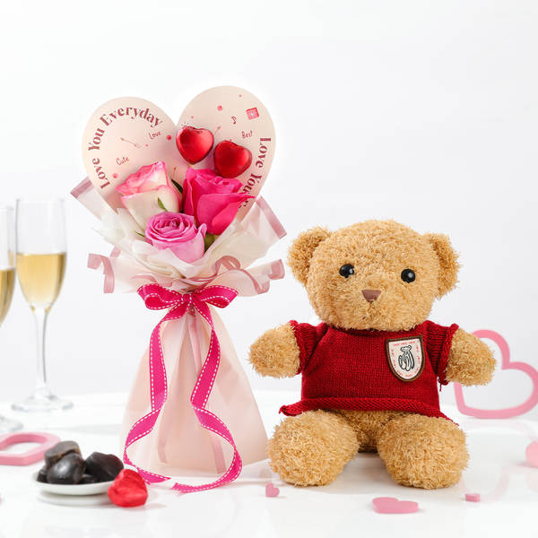 Pink Roses with Heart Chocolates & Teddy Combo