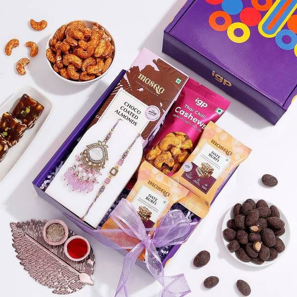 Purple Kundan Bhaiya Bhabhi Rakhi Hamper
