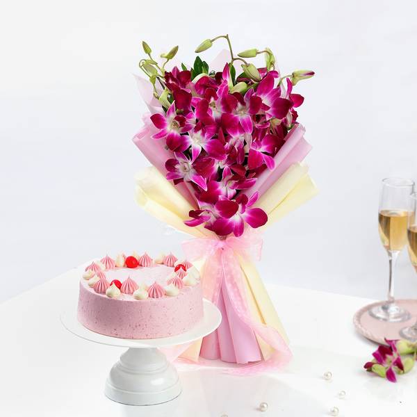 Purple Orchids And Strawberry Cake Valentine's Day Gift Combo