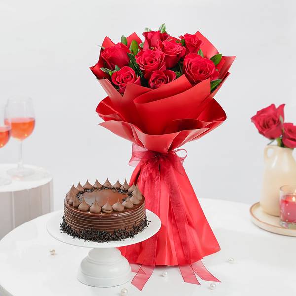 Red Roses And Chocolate Cake Combo