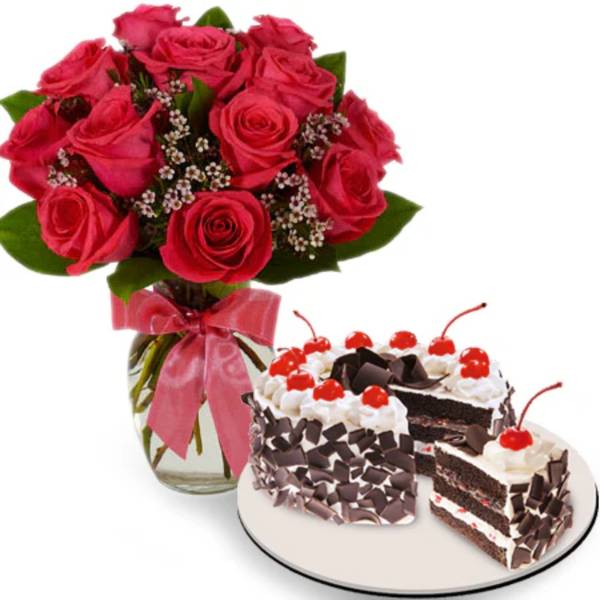 Red Roses Arrangement & Black Forest Cake Combo