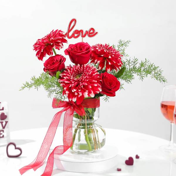 Red Roses & Dahlia Vase Arrangement
