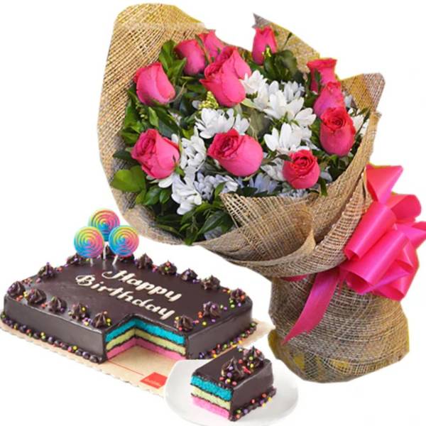 Red Roses & Rainbow Chocolate Birthday Cake