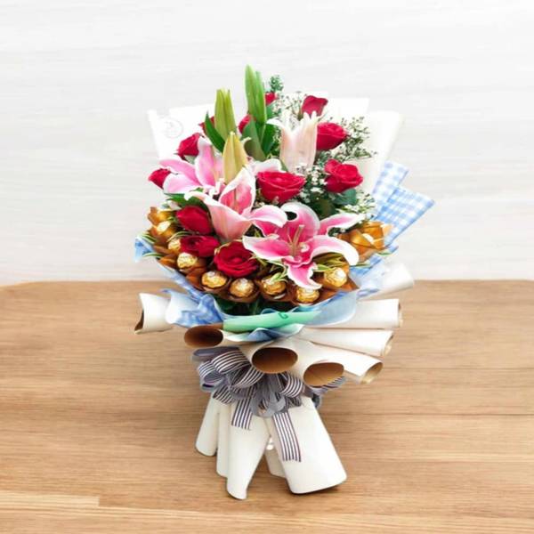 Red Roses, Stargazer Lily & Ferrero Rocher Bouquet