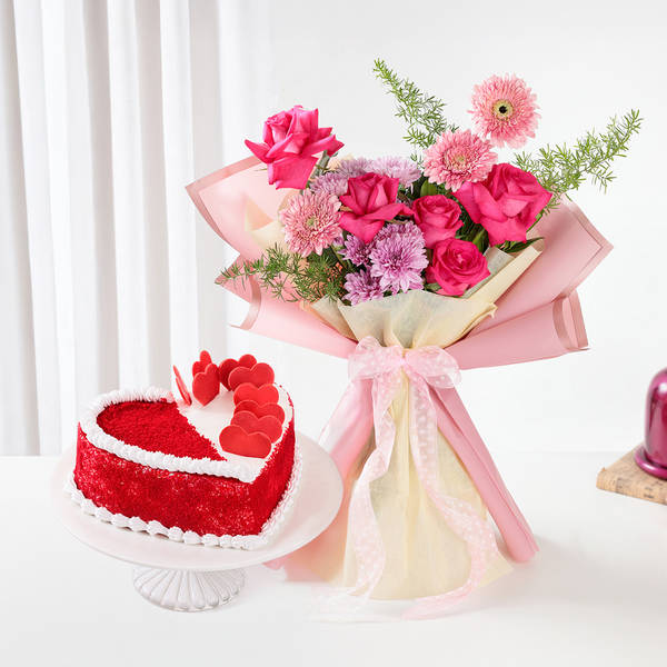 Red Velvet Heart Cake With Floral Mix Bouquet