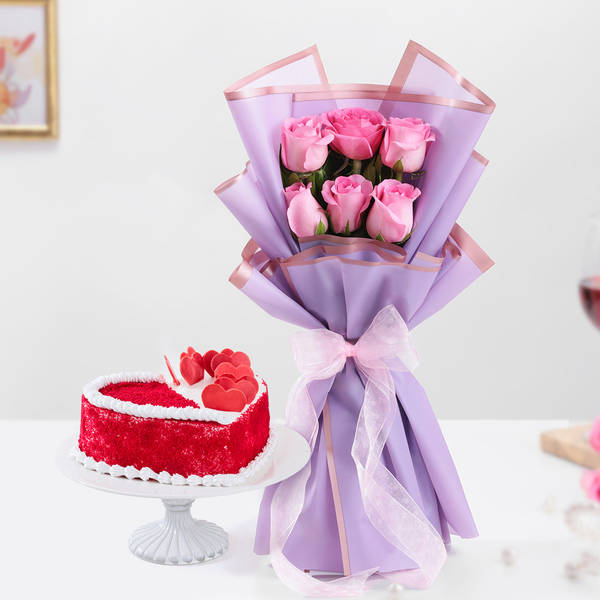 Red Velvet Heart Cake With Pink Rose Bouquet