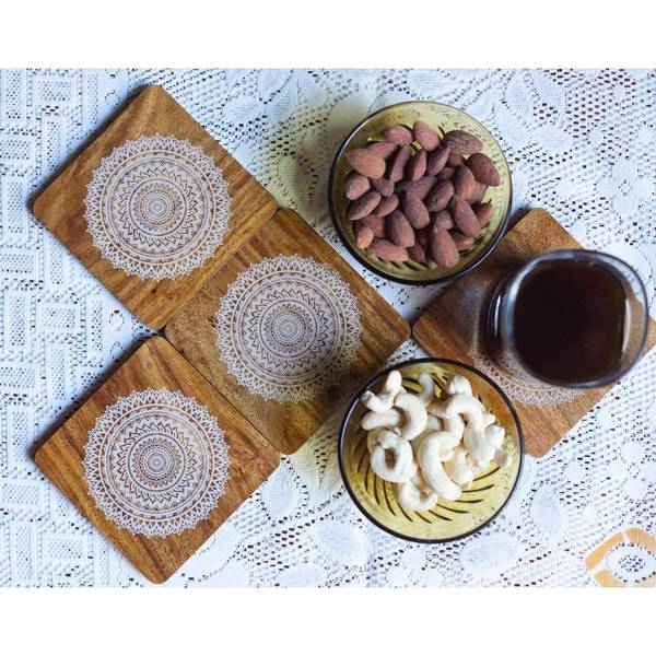 Reversible Coasters - Mandala Teak Wood - Set Of 4 - Retro