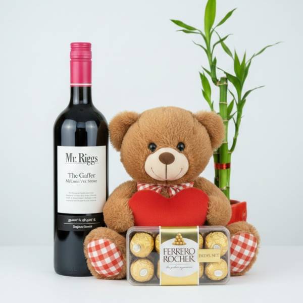 Romantic Wine And Teddy Gift Hamper For Couples