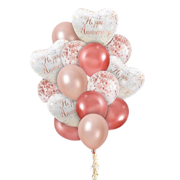 Rose Gold Happy Anniversary Balloons - Set Of 16