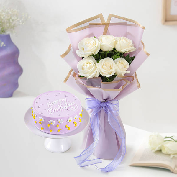 Roses Bouquet And Birthday Cake Gift Combo