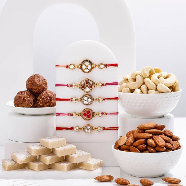 Royal Elegance Rakhi and Sweet Combo - Set of 5