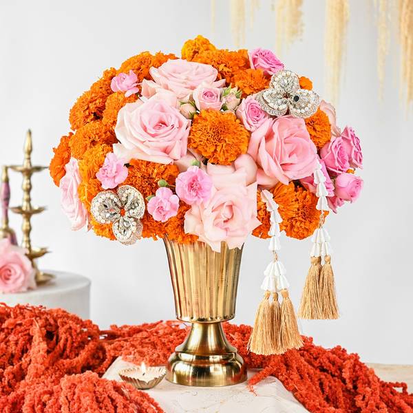 Royal Marigold And Rose Centerpiece