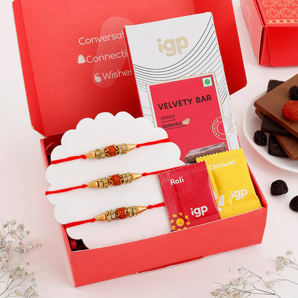 Rudraksha Rakhi Set Of 3 With Chocolate