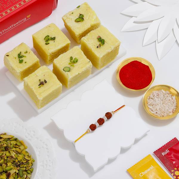 Sacred Rudraksha Rakhi And Soan Papdi Combo