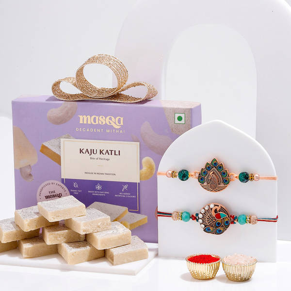 Set Of 2 Peacock Rakhi With Kaju Katli