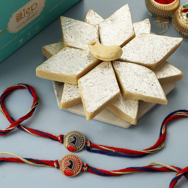Set Of 2 Peacock Rakhi With Kaju Katli