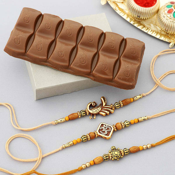 Set of 3 Auspicious Rakhi with Dairy Milk Silk Chocolate