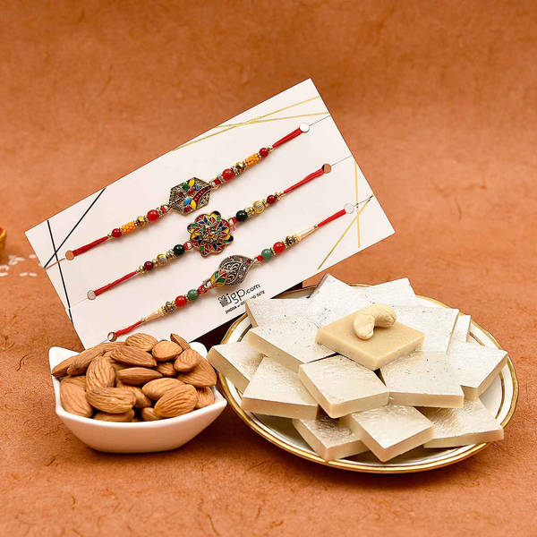 Set of 3 Meenawork Antique Rakhi with Kaju Katli & Dry Fruits
