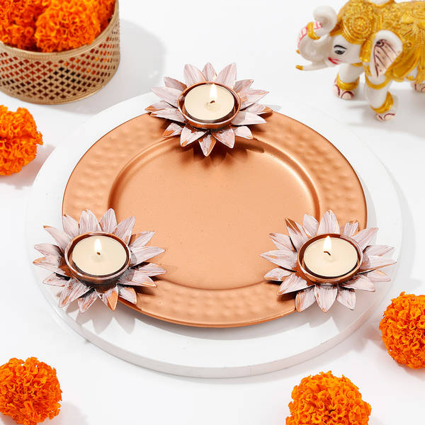 Set of 3 Tea-Light Candle on Metal Platter