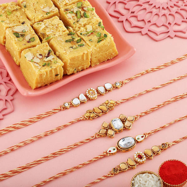 Set of 5 Exquisite Kundan Rakhi Hamper