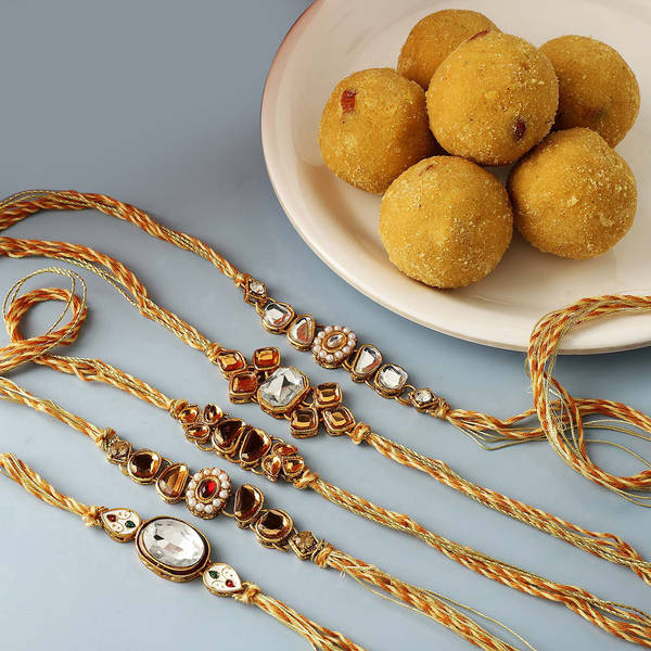 Set Of 5 Kundan Rakhi With Besan Ladoo