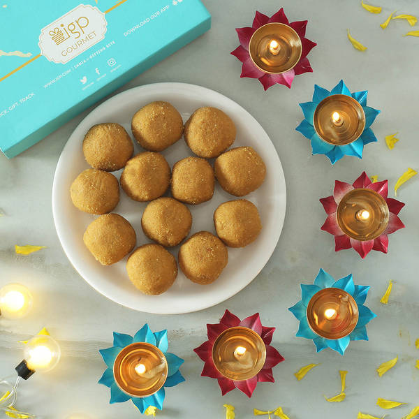 Set Of 6 Metal Diya with Besan Ladoo (400 Gms)