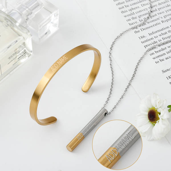 Shinning Grace - Personalized Two Tone Pendant Chain And Cuff Bracelet Set