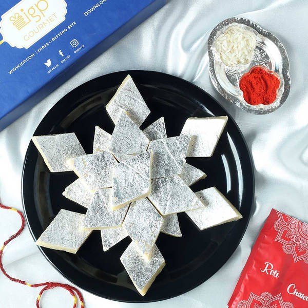 Silver Plated Roli, Chawal Container with Kaju Katli