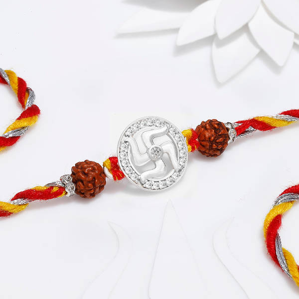 Silver-Plated Swastik And Rudraksh Rakhi