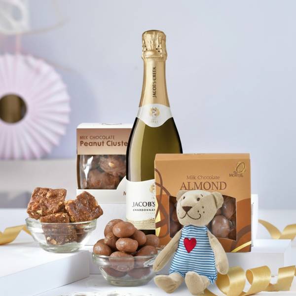 Sparkling Wine, Chocolates, And Teddy Gift Hamper