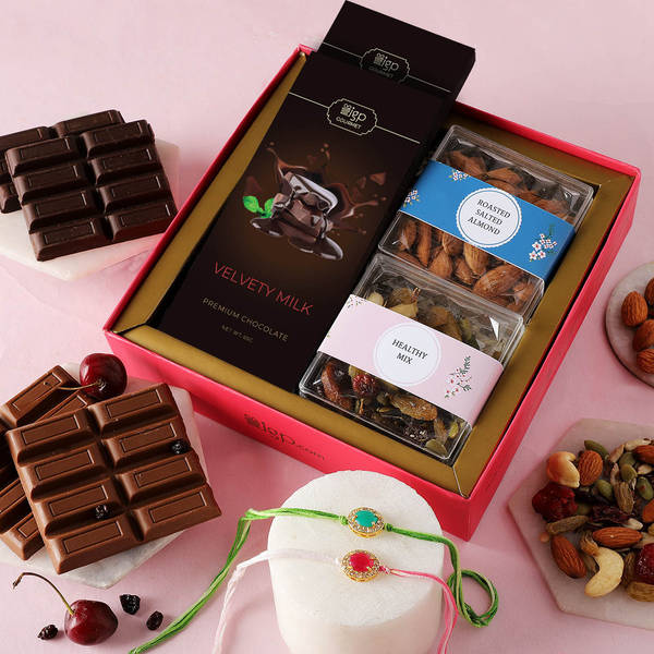 Stone Rakhi Set Of 2 With Chocolates And Dry Fruits