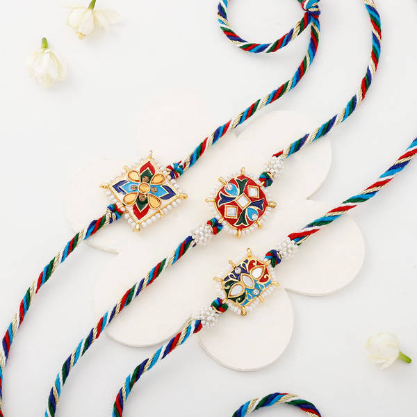 Striking Multicoloured Pearl And Meena Work Rakhi Set Of 3