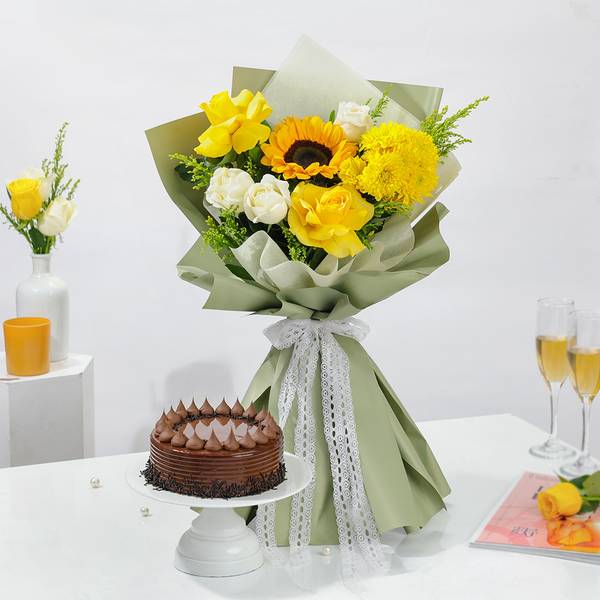 Sunshine Blooms And Truffle Cake Combo