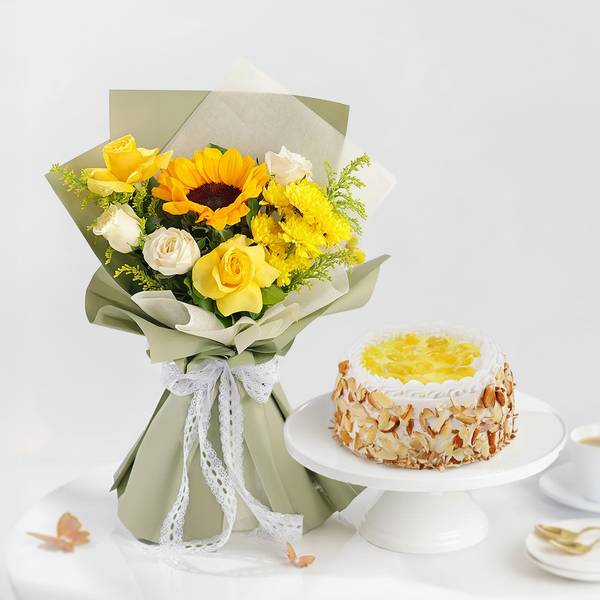Sweet Pineapple Cake And Bright Bouquet Gift Combo