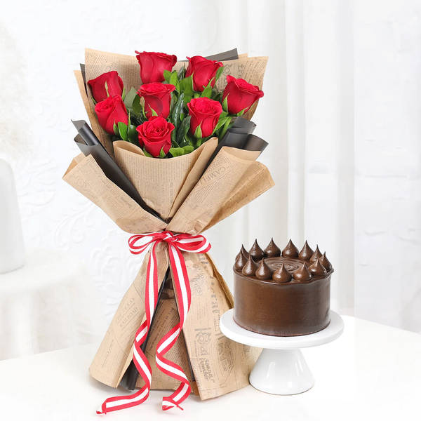 Sweet Symphony - Red Roses Bouquet With Delectable Mini Cake