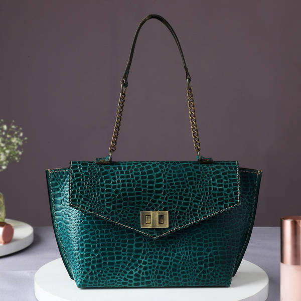 Teal Embossed Wrist Bag For Women