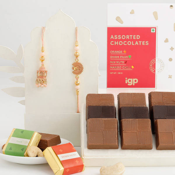 Temple And Peacock Design Bhai Bhabhi Rakhi And Assorted Chocolates