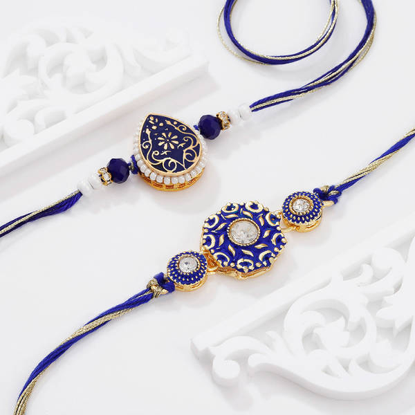 Thewa Design Kundan And Meena Work Rakhis - Set Of 2