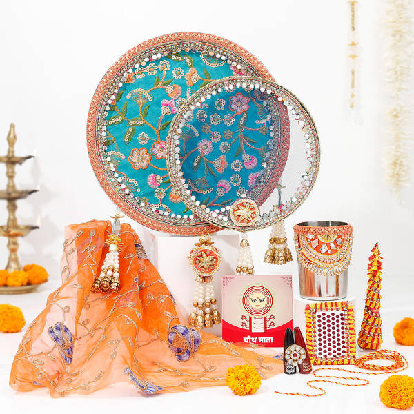 Traditional Blue Karwa Chauth Pooja Thali Set