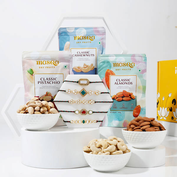 Traditional Kundan Polki Rakhi Set Of 5 With Dry Fruits