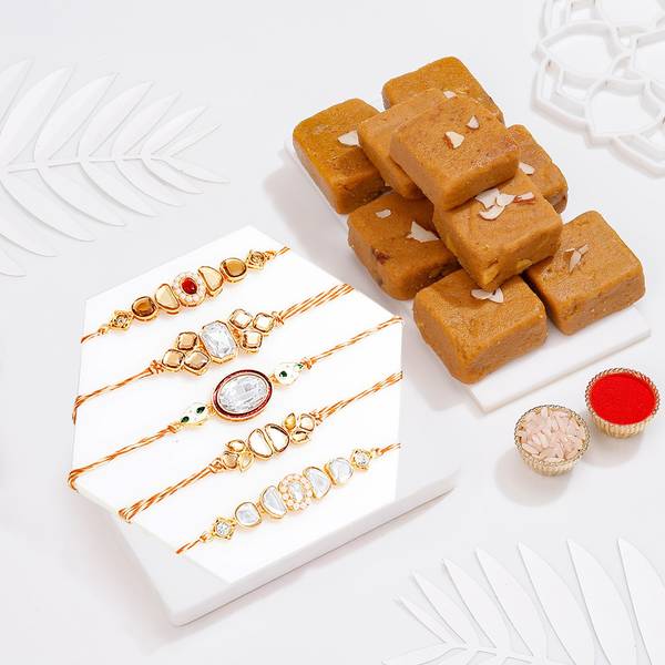 Traditional Kundan Rakhis Gift Combo-Set Of 5